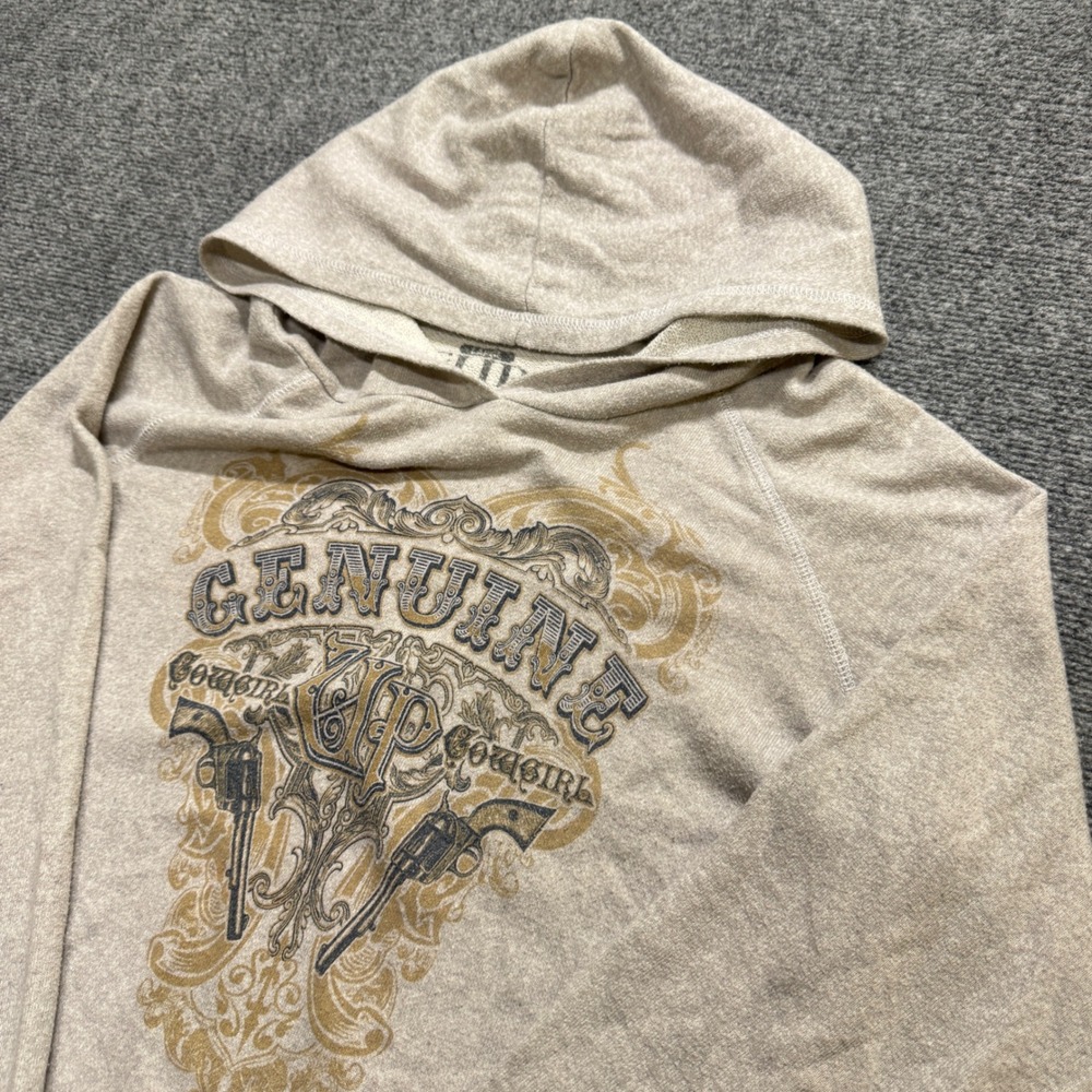 Genuine Cowgirl Up Pullover Hoodie Womens L Beige Tan Y2K Grunge Hooded
